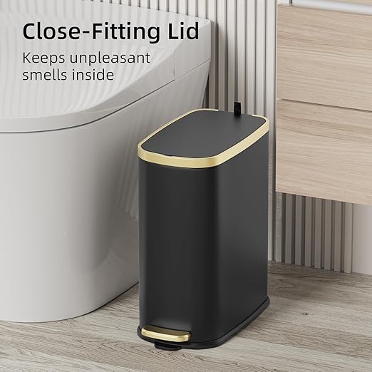 KUK Small Bathroom Trash Can with Lid Soft Close, Step Pedal, 2.6 Gal Stainless Steel Garbage Can with Removable Inner Bucket, Anti-Fingerprint Wastebasket for Office, Bedroom, Toilet (Black)