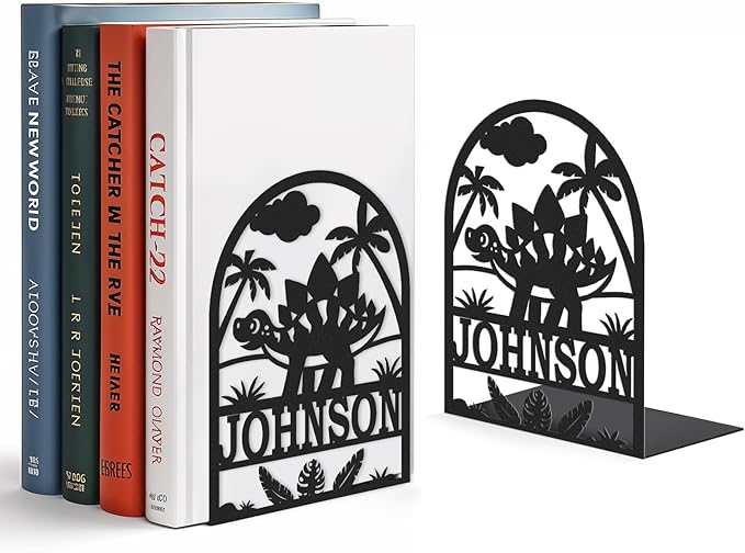Personalized Name Book Ends Metal, Heavy Duty Bookends for Shelves Decorative, Dinosaur Non-Slip Book Stopper, Modern Bookshelf Decor for Home Office Desk, Gifts for Readers Color08