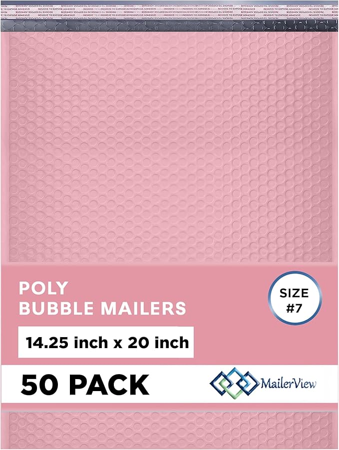 Light Pink Extra Large Poly Bubble Mailers 14.25x20 inch #7 | Self Seal Large Padded Envelopes | Air Cushioned Bubble Mailer | Usable Size 14.25x19 Lightweight Mailing Shipping Bags| 50 Pack Bulk