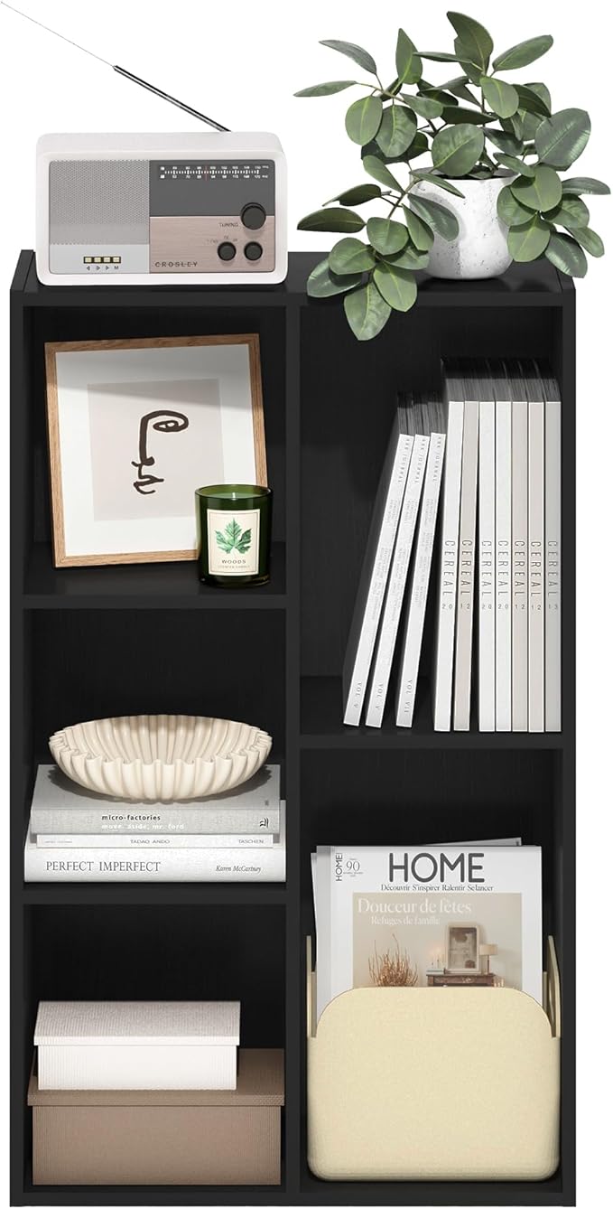 Furinno LUDER Book Shelf, 5-Cube Bookshelf, Reversible Bookcase, 9.4 x 19.5 x 31.5, for Living Room, Bedroom, Home Office, Blackwood
