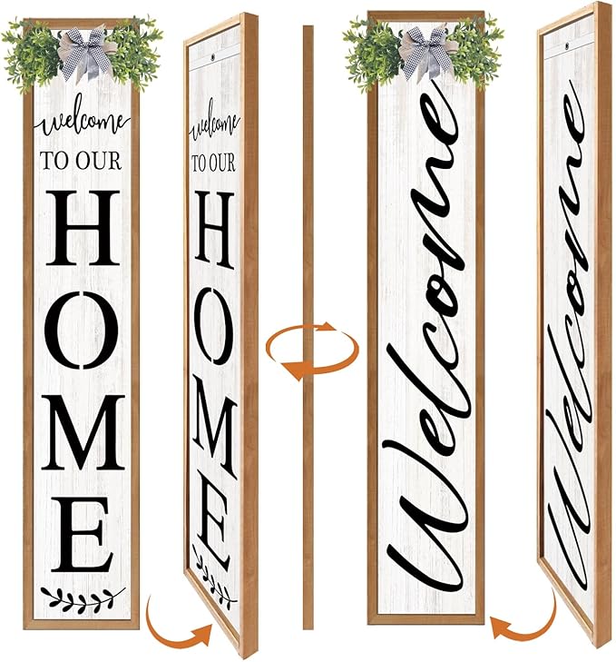 Double-sided Welcome to Our Home Wooden Sign Stand with Magnetic-adhesive Wreath for Front Door, 47" Vertical Farmhouse Welcome Porch Sign for Outdoor Patio Garden, 2in1 Large Tall Porch Leaner Decor