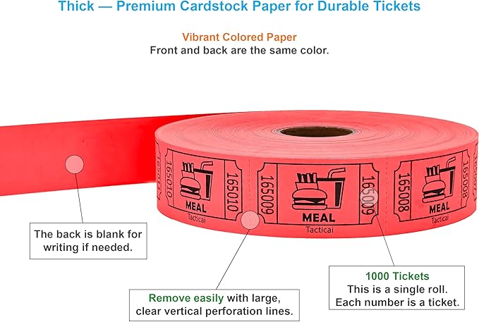Tacticai 1000 Raffle Tickets, Meal, Red (1 of 8 Colors), Single Roll, Ticket for Events, Food, Class Reward, Fundraiser & Prizes