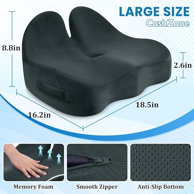 CushZone Seat Cushion, Memory Foam Office Chair Seat Cushion for Office Chairs/Car/Long Trip/Desk Chair/Gaming, Large Size for Sciatica & Hip & Tailbone Pain Relief, Sciatica Support (Deep Green)