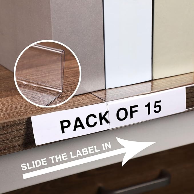 Containlol 15 Pieces Moveable Shelf Label Holders Clear Shelves Tags Moveable Library Markers Transparent Shelf Label Display Holder for Classroom Office Library Book Shelves(9.06 x 5.12 x 0.79 Inch)