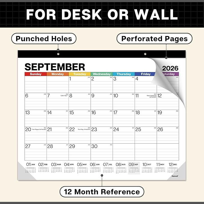 Dunwell 2026 Desk Calendar 22x17, Large Monthly Desk Blotter or Hanging Wall Calendar, Colorful Design, Jan–Dec 2026, Lined Daily Blocks, Easy to Read