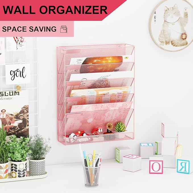 GDINDINFAN Wall File Organizer Holder Mesh Hanging Paper Document Holder, Vertical 6 Pocket Tier for Office Home, Light Pink