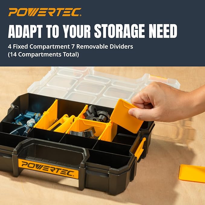 POWERTEC Small Parts Organizer & Tool Box – 14 Compartments, Stackable Storage with Interlocking Latch, Removable Dividers, Clear Lid, Portable Design (72364)