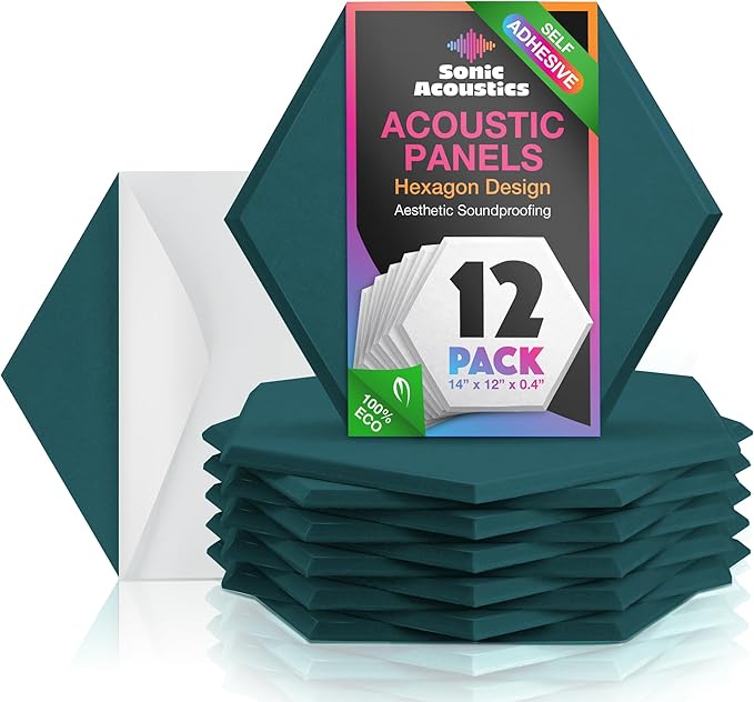 Self-Adhesive Acoustic Panels, 12 Pack Hexagon Sound Proof Foam Panels for Walls, High Density Noise Dampening Panels, 14"x 12"x 0.4" Sound Absorbing Panel for Home Studio Office-Dark Green