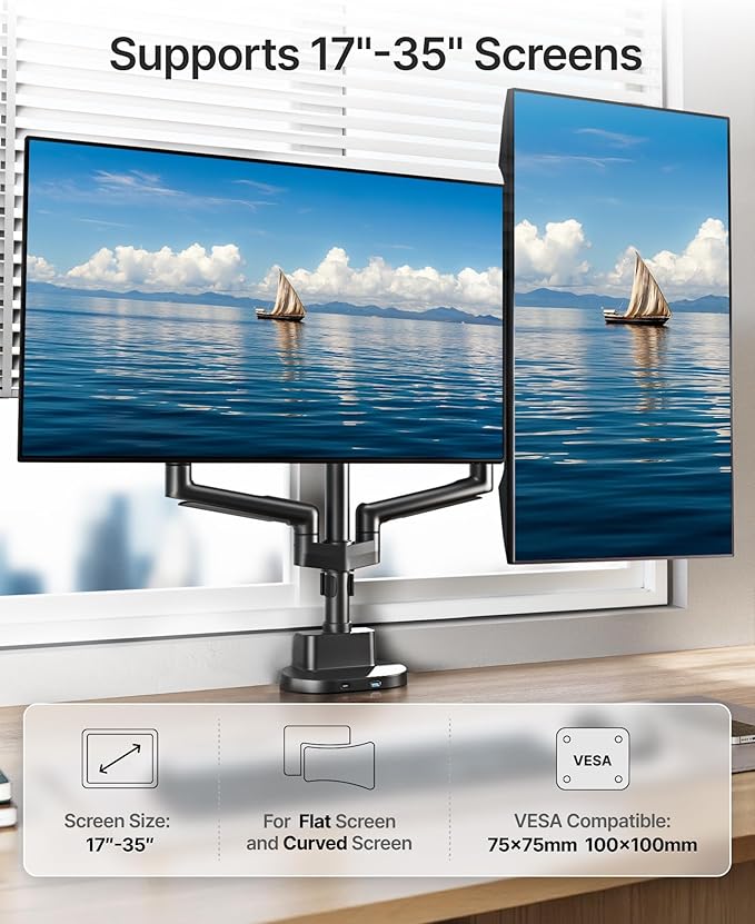 monTEK Dual Monitor Stand Mount with USB for Up to 35" Screens,Tall Post Mounted Monitor Arm Holds Max 24.25lbs Per Screen, Full Motion Adjustable Monitor Arm Desk Mount with C-Clamp/Grommet