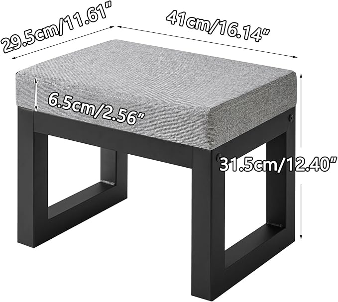 IBUYKE 16 Inch Small Foot Stool Ottoman, Rectangle Linen Foot Rest with Padded Seat and Metal Legs, Modern Ottoman Foot Rest for Living Room Bedroom Entryway Couch, Grey-Blue WBD001L