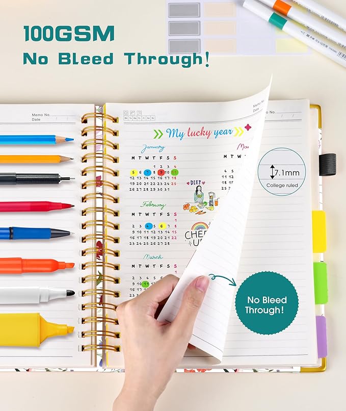Hardcover Spiral Notebook 8.5"x11" Journal with Removable Dividers Tabs, 300 Pages Leather 5 Subject Notebook College Ruled, Large A4 Notebooks for Work School, Journal for Women, A4 Flower white