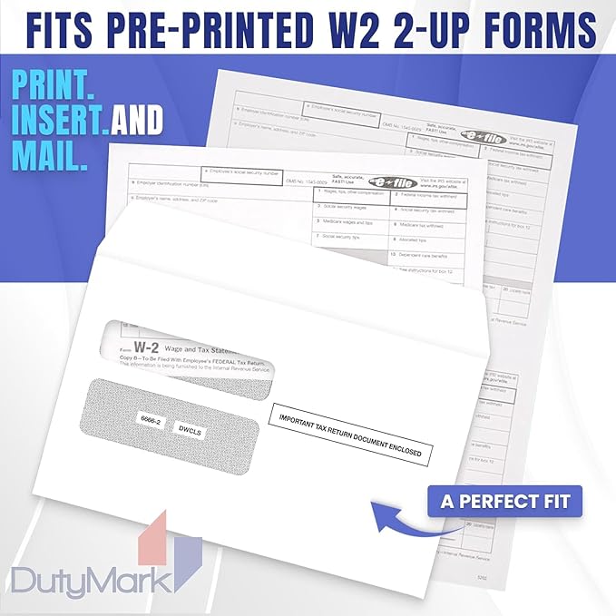 50 W2 Envelopes Self-Seal For W2 2-Up IRS Tax Forms W2 Double Window Security Envelopes For QuickBooks Online, Desktop, ADP and Other Software W2 Forms, Pack of 50 Envelopes
