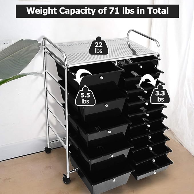 LDAILY 15 Drawer Rolling Storage Cart, Rolling Cart with Drawers for Classroom, Art Supply Craft Organizer on Wheel with Metal Frame & Handles for Home Office School