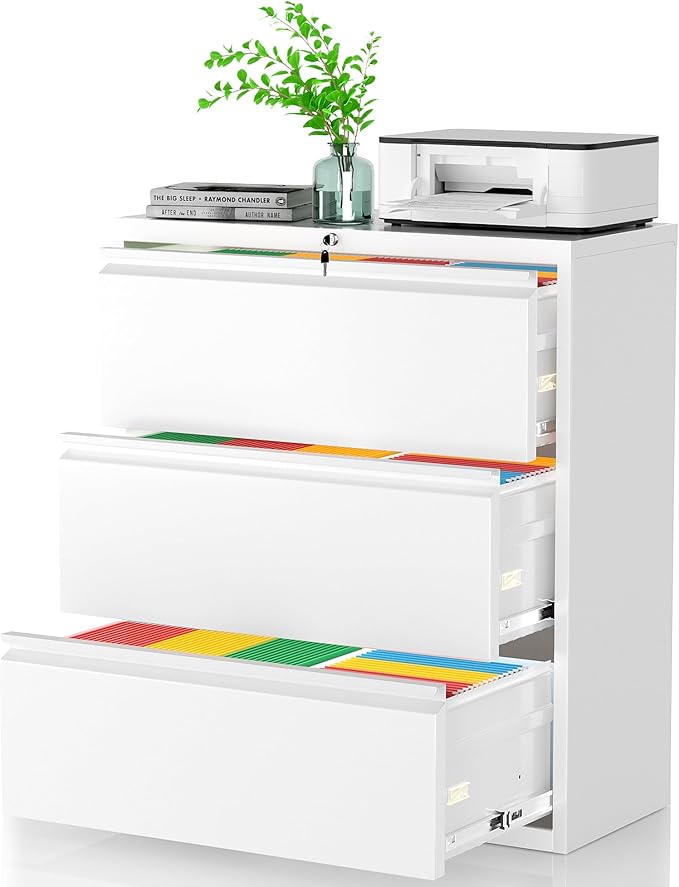 Pataku Metal Lateral File Cabinet with Lock, Steel Filing Cabinet 3 Drawer, Locking Office Home Wide Organization File Cabinets for Hanging Files Letter/Legal/F4/A4 Size, (White-3Drawer)