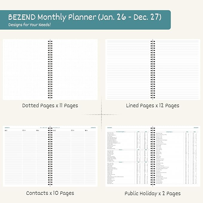 BEZEND Monthly Planner 2026-2027 (Spiral-7" x 9") 2 Year Calendar Book with Note Pages - Jan 26 to Dec 27-120 GSM Paper, Inner Pockets, Laminated Tabs, Vegan Leather Softcover - Lavender