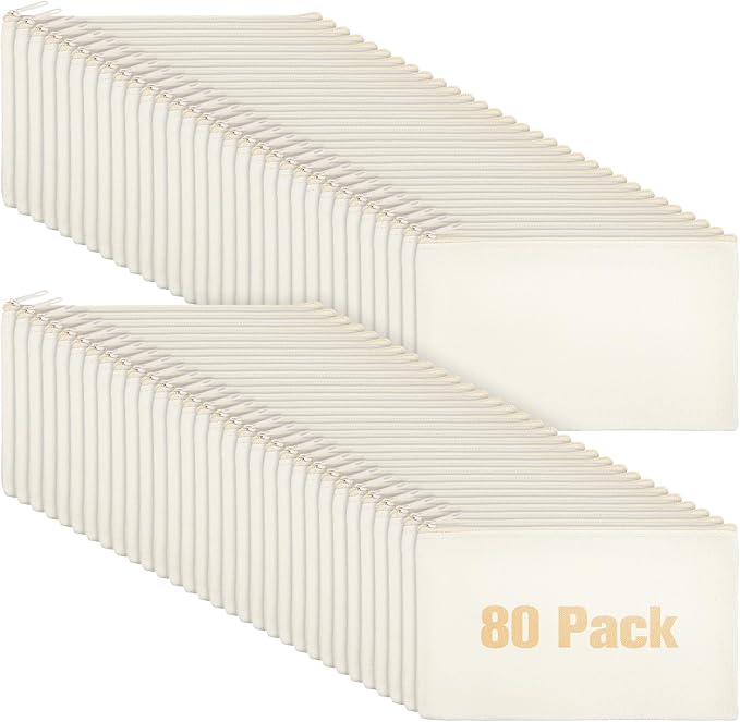 Reginary 80 Pack Canvas Zipper Makeup Bags Bulk Pencil Pouches Blank DIY Craft Canvas Cosmetic Bag Pouch with Zipper for Makeup Cosmetic Toiletry Stationary Storage(All Natural)