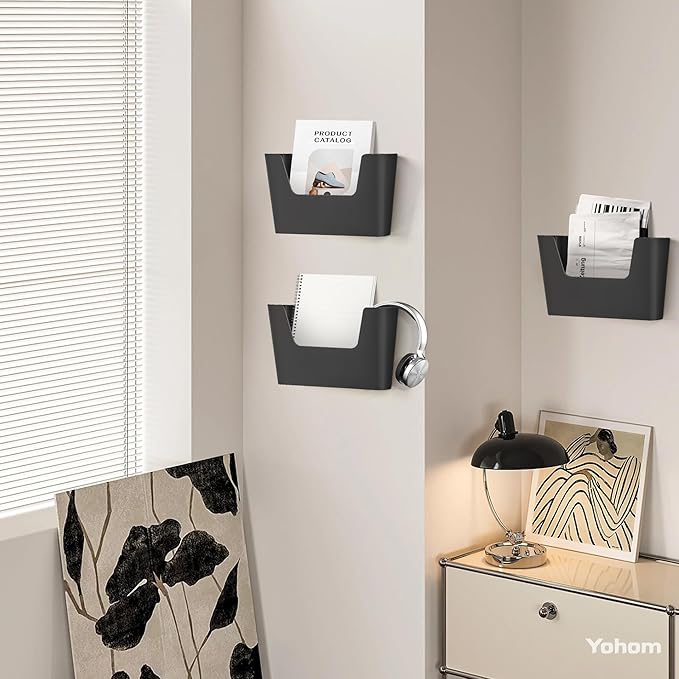 YOHOM No Drilling File Holder Wall Mails Magazines Organizer Adhesive Door Mount, Single Pocket, (White 1) (BLACK, 3 PCS)