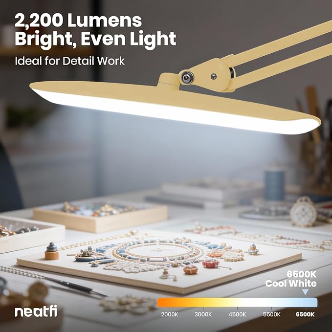 Neatfi XL 2,200 Lumens LED Desk Lamp with Clamp, 24 Watt Bright Architect Task Lamp, 20 Inches Dimmable Computer Light, Adjustable Desk Light for Home, Office, Crafts, Nails & Hobbies (Non-CCT, Gold)