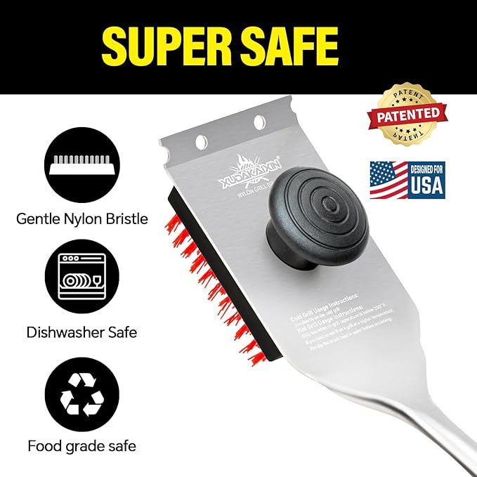 XUDAKAIXIN Nylon Grill Brush,Dual Grip Design,with Extended Luxurious Acaciawood Handle,Safe Nylon Bristles Barbecue Triple Scrubbers Cleaning Brush for Cast Iron Grates/Porcelain/Charcoal Grill