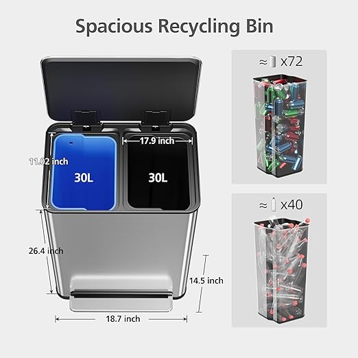TROPOW 16 Gallon Dual Compartment Step Trash Can, Stainless Steel Kitchen Recycling Bin with Soft-Close Lid & Removable Buckets, for Home Composting, 2x8 Gallon, Silver (60L)