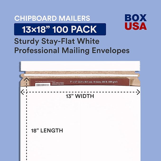 BOX USA StayFlat Envelope 13"L x 18"W 100-Pack for Keeping Photos, Documents & Artwork Protected During Mailing and Shipping