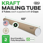 Cardboard Mailing Tubes, 4" x 48" with Plastic Caps, Pack of 2 - USA-Made USPS Approved Poster Tube for Documents & Blueprints - Reinforced Mailing Cylinders for Shipping & Storage by IDL Packaging