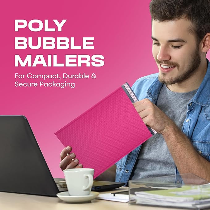 Hot Pink Poly Bubble Mailers 8.5x14.5 inch #3 | Self Seal Padded Envelopes | Cushioned Bubble Mailer | Usable Size 8.5x13.5 | WaterProof | Lightweight mailing Shipping Bags | 100 Pack Bulk