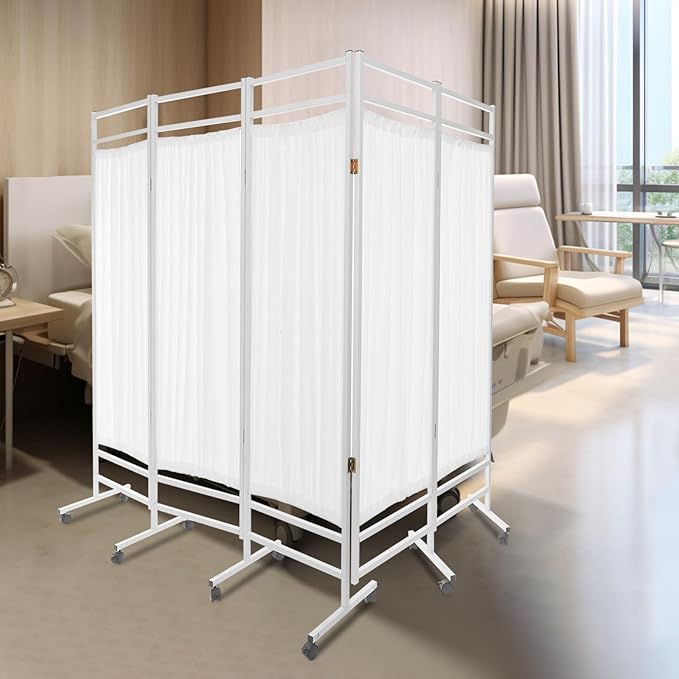 Medical Privacy Screens, Waterproof Nylon Fabric, 98.4 * 70.9 in Foldable Rolling Medical Privacy Screen with Silent Wheels, Suit for Hospitals, Clinics, and Nursing Homes (White, 5 Panels)