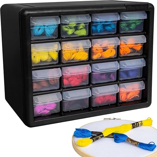 Akro-Mils 16-Drawer Plastic Storage Cabinet | 10-1/2 x 6-1/2 x 8-1/2 Inch | Black | Model 10116 | Garage Organization