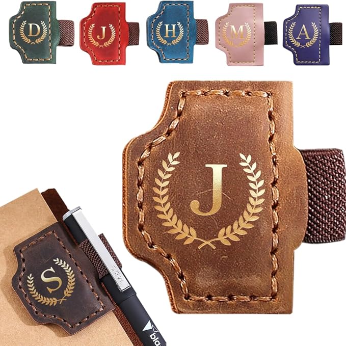 Personalized Bygone Mark Bookmark with Pen Holder, Leather Magnetic Bookmark 26 Letters,Gifts for Book Lovers, Readers, Leather Book Marks for Men Women (Brown, J)