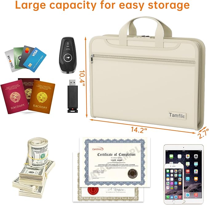 5200℉ Fireproof Accordion File Organizer with Lock, Thickened Document Organizer 13 Colorful Pocket with Labels, Important Document Organizer, Expanding File Folder with Handle for Letter A4 (Beige)