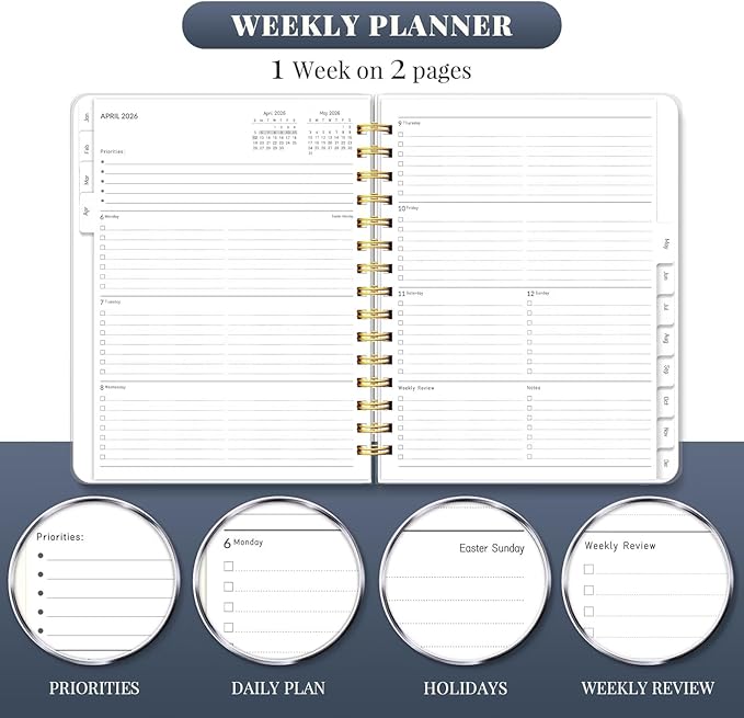 2026 Planner 8.5 x 11, Large Weekly Monthly Planners with Tabs, A4 Spiral Bound Daily Calendar 2026 Planner, 12 Month Agenda from Jan. to Dec., Flexible Cover Appointment Book(Smill Sun)