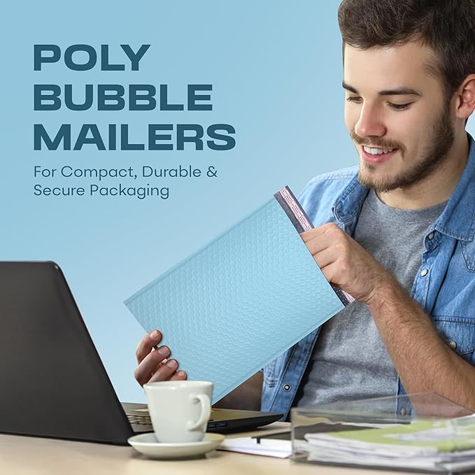 Light Blue Poly Bubble Mailers 8.5x12 inch #2 | Self Seal Padded Envelopes | Cushioned Bubble Mailer | Usable Size 8.5x11 | Water Proof | Lightweight mailing Shipping Bags | 200 Pack Bulk