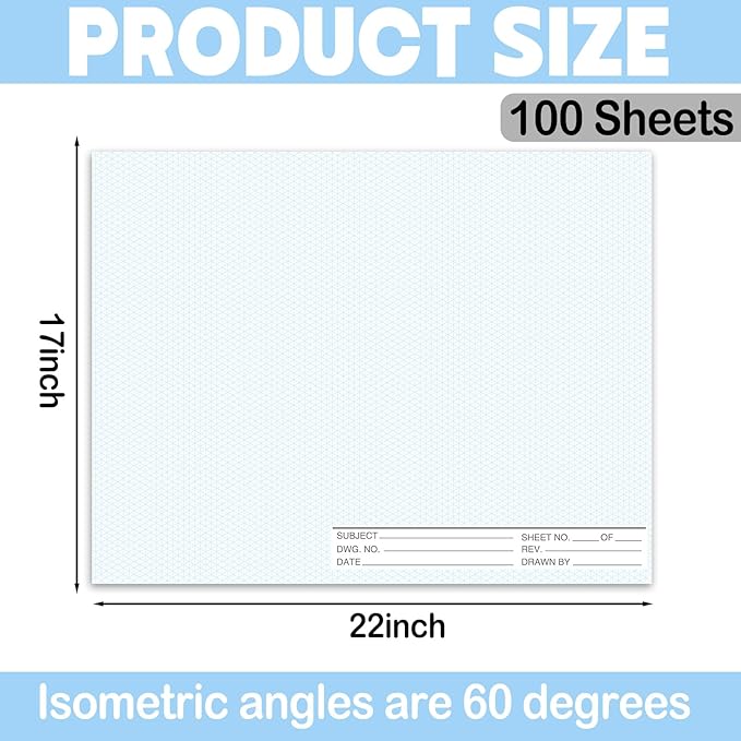 2 Pack 50 Sheets 22" x 17" Isometric Graph Paper Pad Landscape for 3D Designs Architecture Landscaping Engineering Drafting
