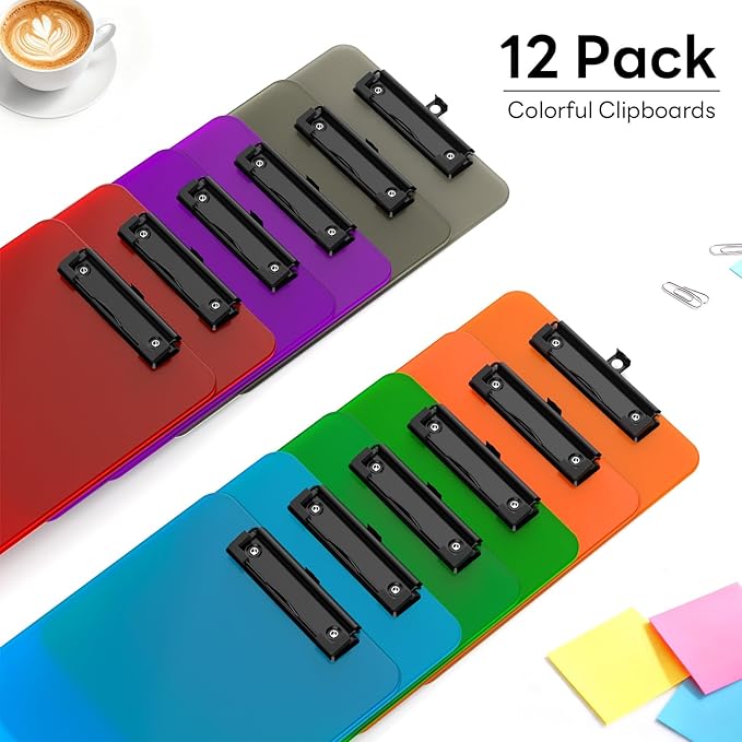 Zoenley A4 Plastic Clipboard Set of 12, Colorful 12.5 x 9 Letter Size for Classroom, Students, Teacher, Nurse, A4 Clear 8.5 x 11 Clip Board with Low Profile Black Clip, Office & School Supplies