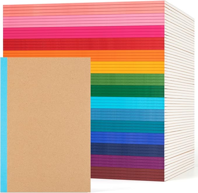 ALKALO 60 Pack Lined Notebook Journals Bulk, A5 College Ruled Composition Notebook, 8.3”x 5.5”, Kraft Cover with Rainbow Spines, 15 Colors 60 Pages for School Office Travel