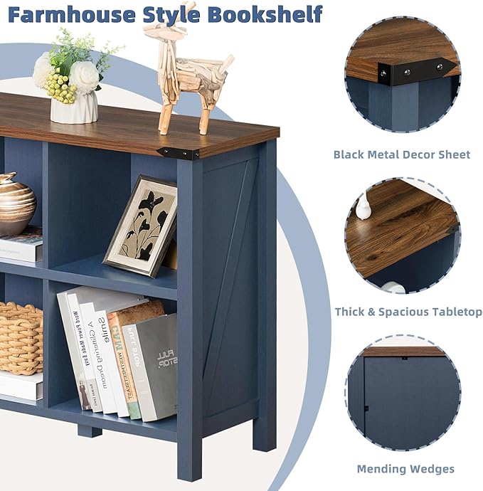 Joaxswe 8 Cube Book Shelf, Farmhouse Wood Long Storage Organizer Bookcase, 62" Horizontal Navy Blue Console Closet Bookshelf, Hallway TV Stand for Entryway, Display Cabinet Book Case for Living Room