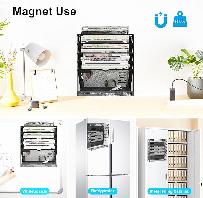 KZWKRG 6 Tier Magnetic File Holder, Large Capacity Mesh Hanging Wall Organizer Vertical Magnetic Hanging File Organizer, Magnetic File Folder Holder for File Cabinets, Office, Whiteboard (Black)