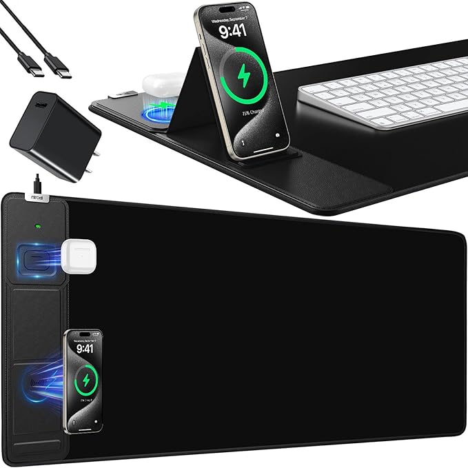 Mouse Pad, Office Desk Mat, Large Gaming Mousepad with Superior Micro-Weave Cloth, XXL Desk Pad with Stitched Edges, Non-Slip Writing Pad for Gamer, Laptop, Work & Home (Black with 20W PD Charger)