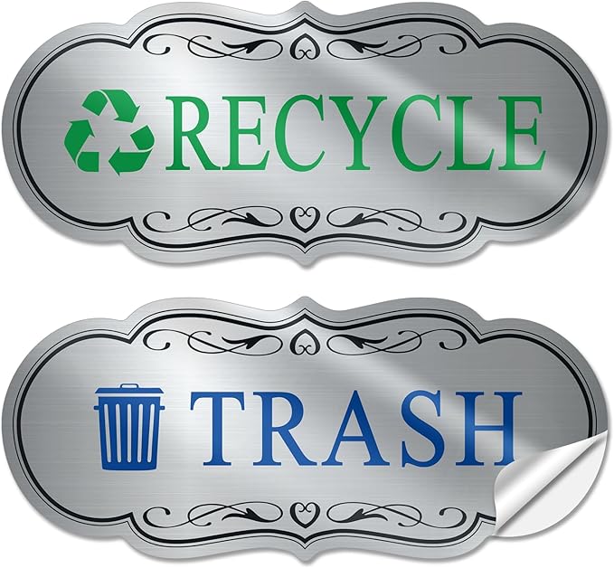 ASAVI Trash & Recycle Stickers – 2-Pack Self-Adhesive Vinyl Labels, Waterproof & Durable (Brushed Silver Green Blue, Medium 6.3 x 2.7 inches)