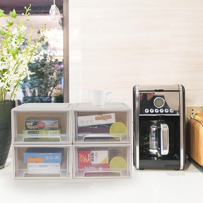 Xyskin 4-Pack 12 Quart Plastic Compact Stacking Drawer Unit, Stackable Desktop Storage Drawer Box