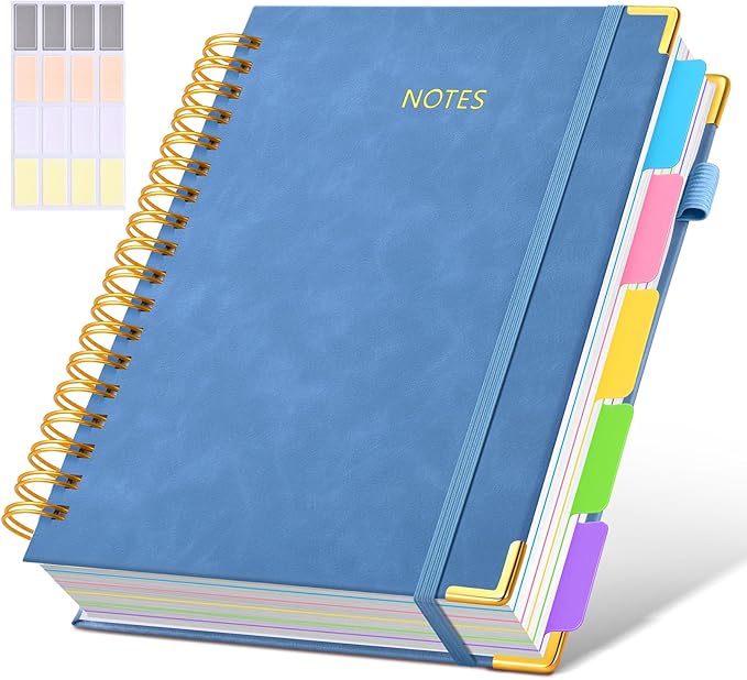 Hardcover Spiral Notebook Journal with Removable Dividers Tabs, 300 Pages Leather 5 Subject Notebook College Ruled, 8"x10" Large B5 Notebooks for Work School, Lined Journal for Women, Light Blue
