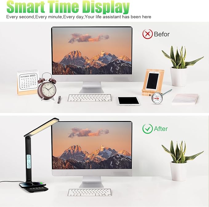 snsok Desk Lamp, Desk Light with Wireless Charger, USB Charging Port, Dimmable Office Desk Lamp with Clock, Alarm, Date, Temperature, Foldable Table Lamp for Table Bedroom Bedside Office (Black PRO)