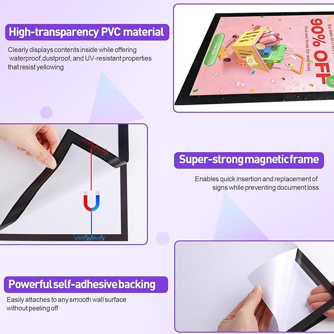 6 Pack Magnetic Sign Holder, 8.5" x 11" Magnetic Wall Mount Sign Holder, Self-Adhesive Magnetic Document Display Picture Frames for Wall, Door, Refrigerator
