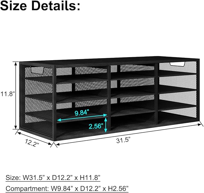 PAG-Mass Mail Sorter Adjustable Countertop Heavy Duty Literature Organizer Student Mailbox for Classroom Desktop Bill Paper Holder Rack for Office Home School, 12 Compartments, Black
