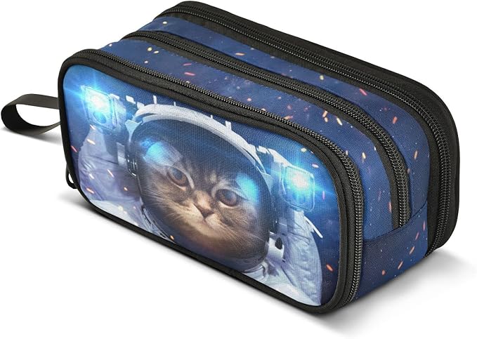 Cat Astronaut Pencil Case Box Boys Girls Large Pencil Pouch with Zipper Compartments Big Capacity Stationery Pen Bag Organizer for Kids Teens Adults School Office