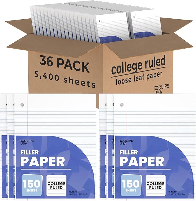 Loose Leaf Paper College Ruled Notebook Paper College Ruled Lined Writing Filler Paper 10.5” x 8” 5400 Sheets 150 Sheets Per Pack 60 gsm (36 Pack)
