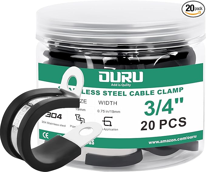 OURU 20pcs 3/4 Inch Stainless Steel Cable Clamps,Rubber Coated Cushioned Insulated Cable Clamp,Automotive Cable Wire Clamps,Pipe Clamps,Metal Clamp for Tube,Lines,Wire Cord Installation(Black,19mm)