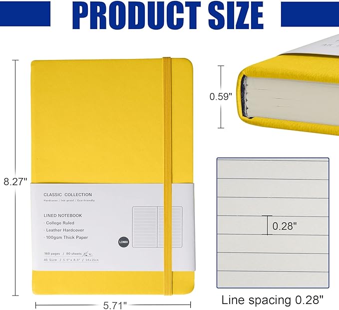 EMOMAS Lined Journal Notebook – Hardcover Notebook for Men & Women – Journals for Writing, Work, School, Home & Daily Notes, 160 Pages – Medium A5, 5.7"x8", 100 gsm Thick Paper (Bright Yellow)