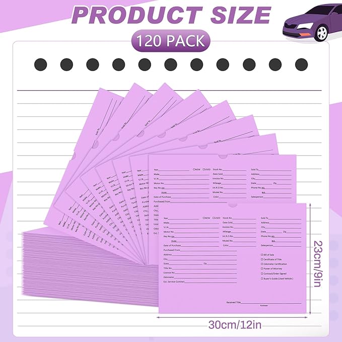 120 Pcs 9 x 12 In Vehicle Dealer Jackets for Car Sales 32lb Colored Printed Deal Envelopes Dealership Supplies File Jackets Automotive Folders for Car Dealerships(Purple)